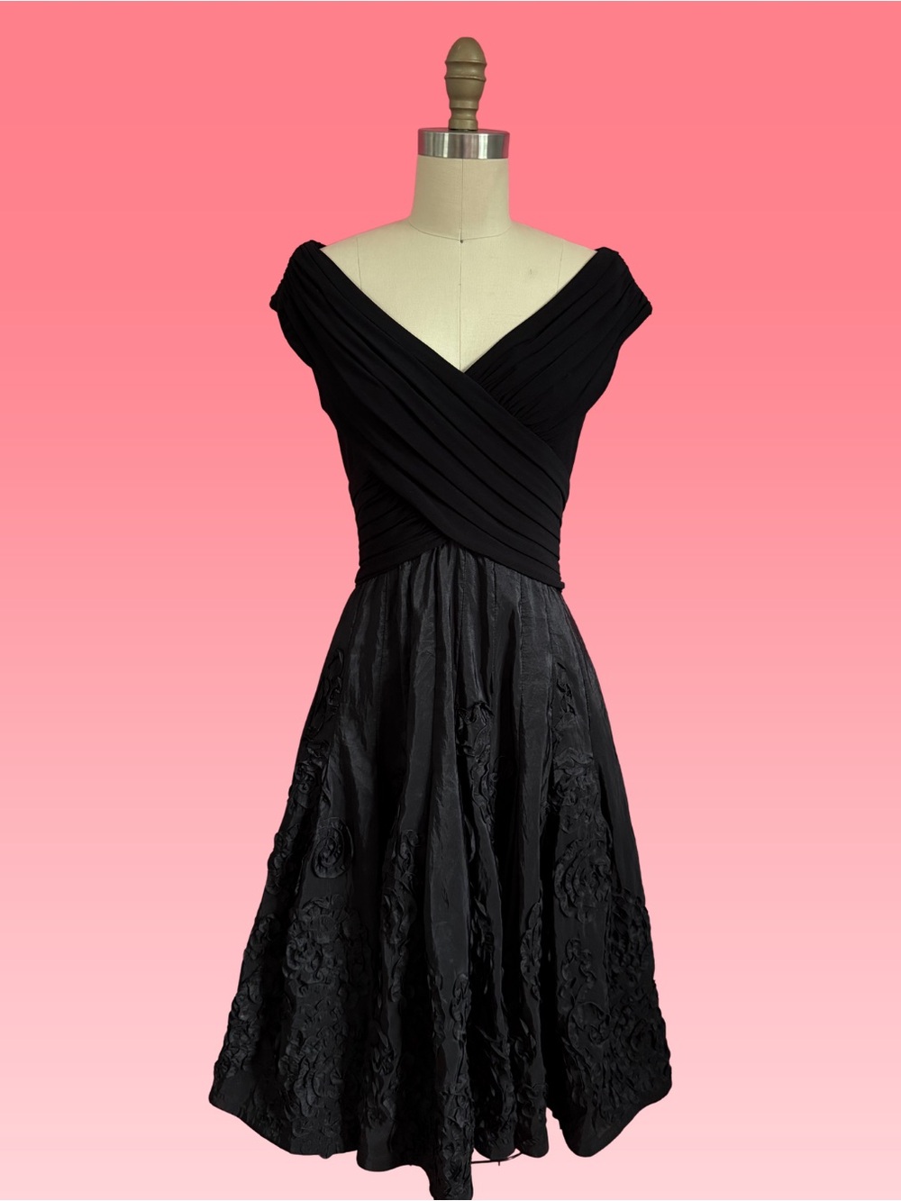 Vintage 90s/Y2K CACHE Tafetta Rosette Embellished Midi Dress Off Shoulder 6